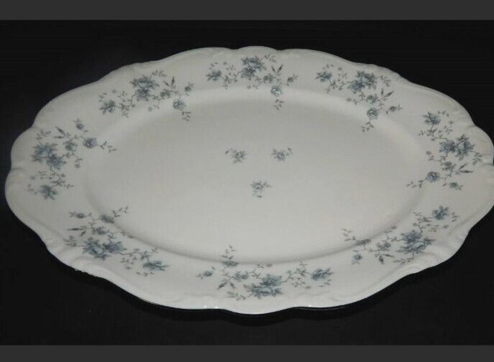 Blue Garland Bavaria Johann Haviland 13" Oval Serving Platter Germany Silver Rim